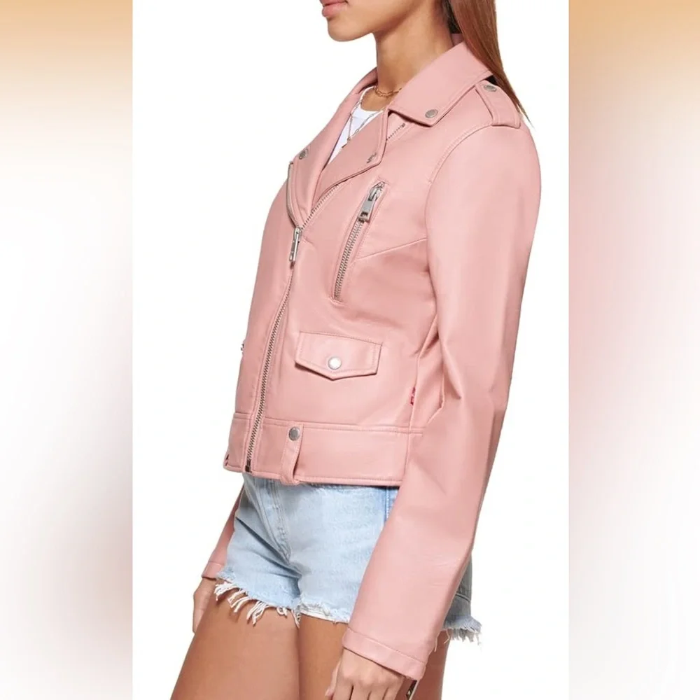 NWOT Levi's womens Cropped Faux Leather Motorcyle Jacket 2X Pink